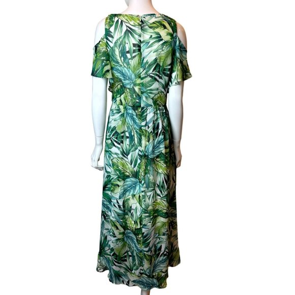 SLNY Women Asymmetrical Sheath Wrap Dress Leaf Print Tie Waist Ruffle Green SZ 6 - Picture 2 of 9